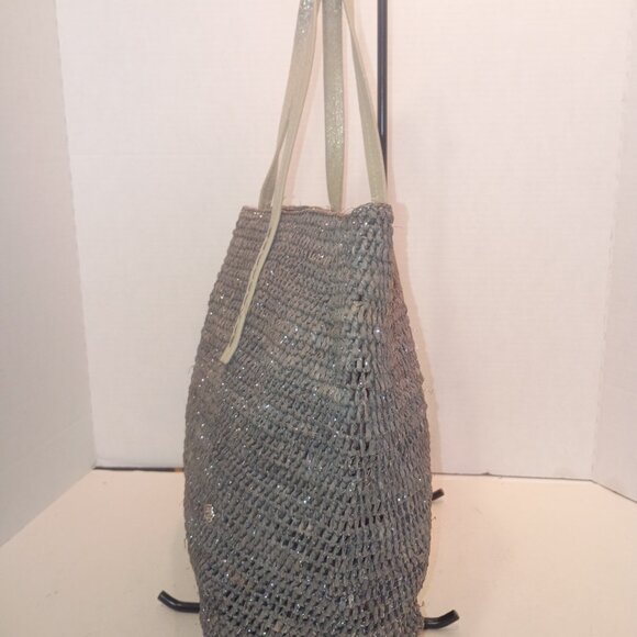 FLORA BELLA for ANTHROPOLOGIE Gray & Silver Woven Raffia Tote Bag - Picture 4 of 15